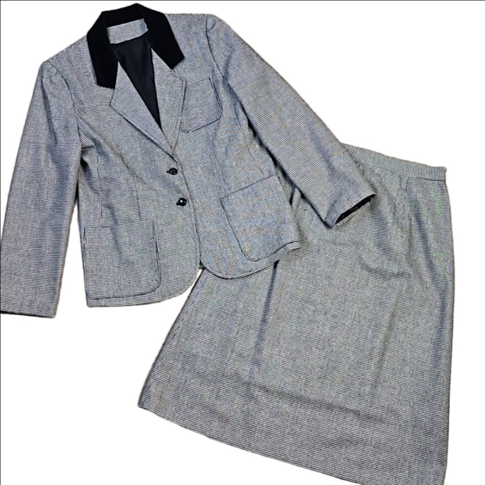 VTG Oscar de la Renta Black White Houndstooth Velvet Trim 2 Piece Skirt Suit Set